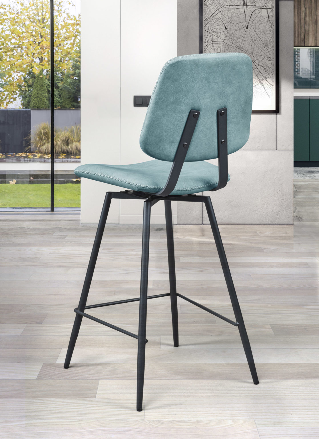Chaise haute Margot derrière textile enduit bleu - Girardeau