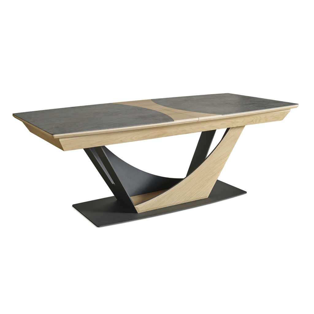 Table tonneau en 220cm avec une allonge centrale "papillon" de 80cm et 2 allonges de 45cm, collection OMEGA - Girardeau
