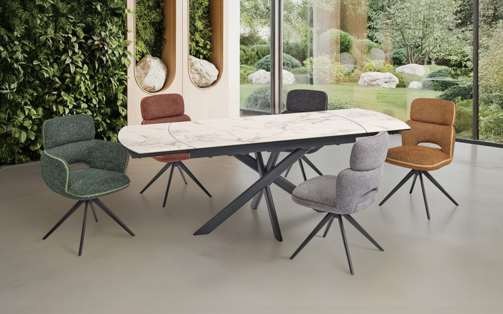 Ambiance table calypso 150 blanc veiné brillant ouverte - Girardeau